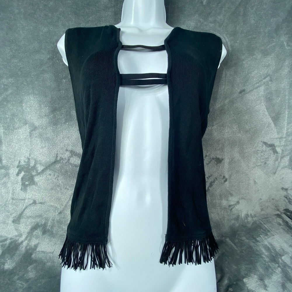 Womens Silk Vest Large Black Fringe Open Front Boho Western Layering Top Blouse